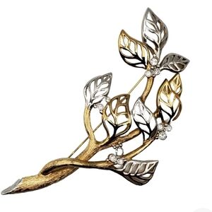 MCM Grossé Brooch Pin. Marked. Gold And Silver Tone Leaves. Rhinestones. Vintage